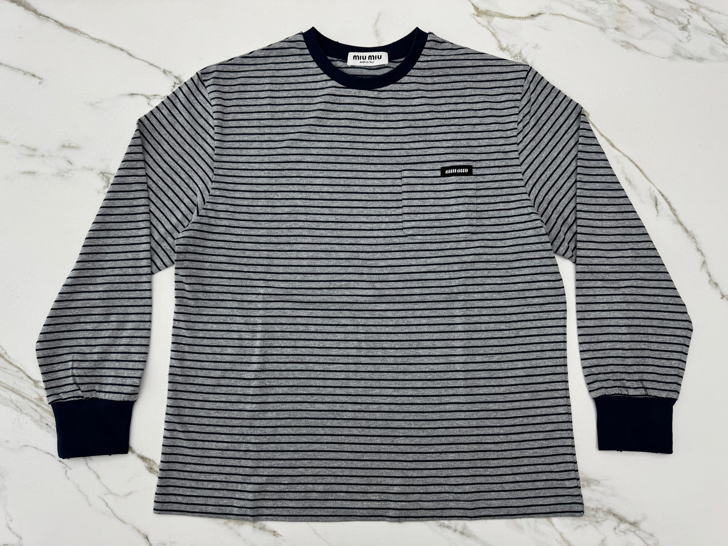 MIU MIU 做舊條紋長袖T恤