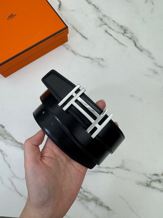 HERMES H au Carre 32mm 雙面皮帶 黑色拼烏木色