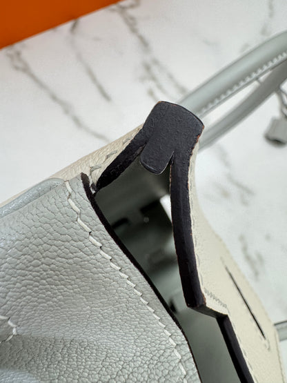 HERMES Birkin 30 SO 珍珠灰拼奶昔白山羊皮 拉絲銀扣 Chevre Mysore Gris Pearl x Craie