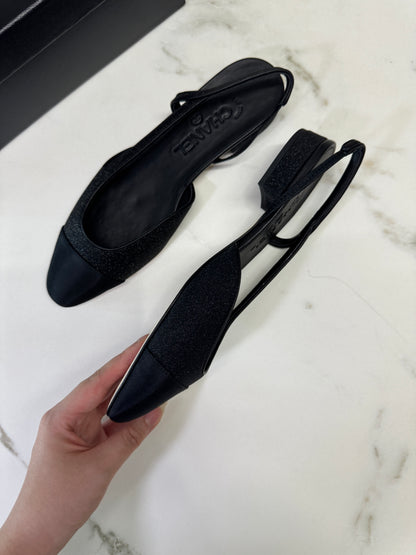 CHANEL 黑色細閃 Slingback