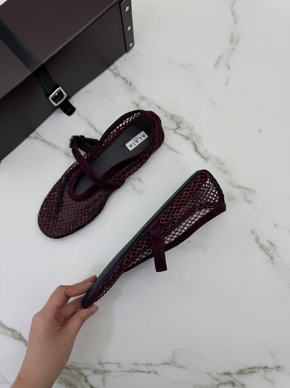 ALAIA 水晶漁網鞋 酒紅色