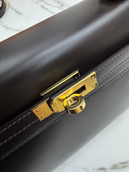 HERMES Kelly 25 烏木色Box皮金扣 外縫 Ebene Box Leather Seilier GHW