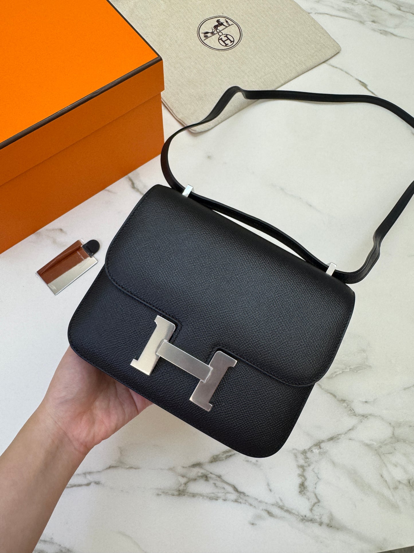 HERMES Mini Constance 新版 附鏡子 黑銀 Epsom PHW