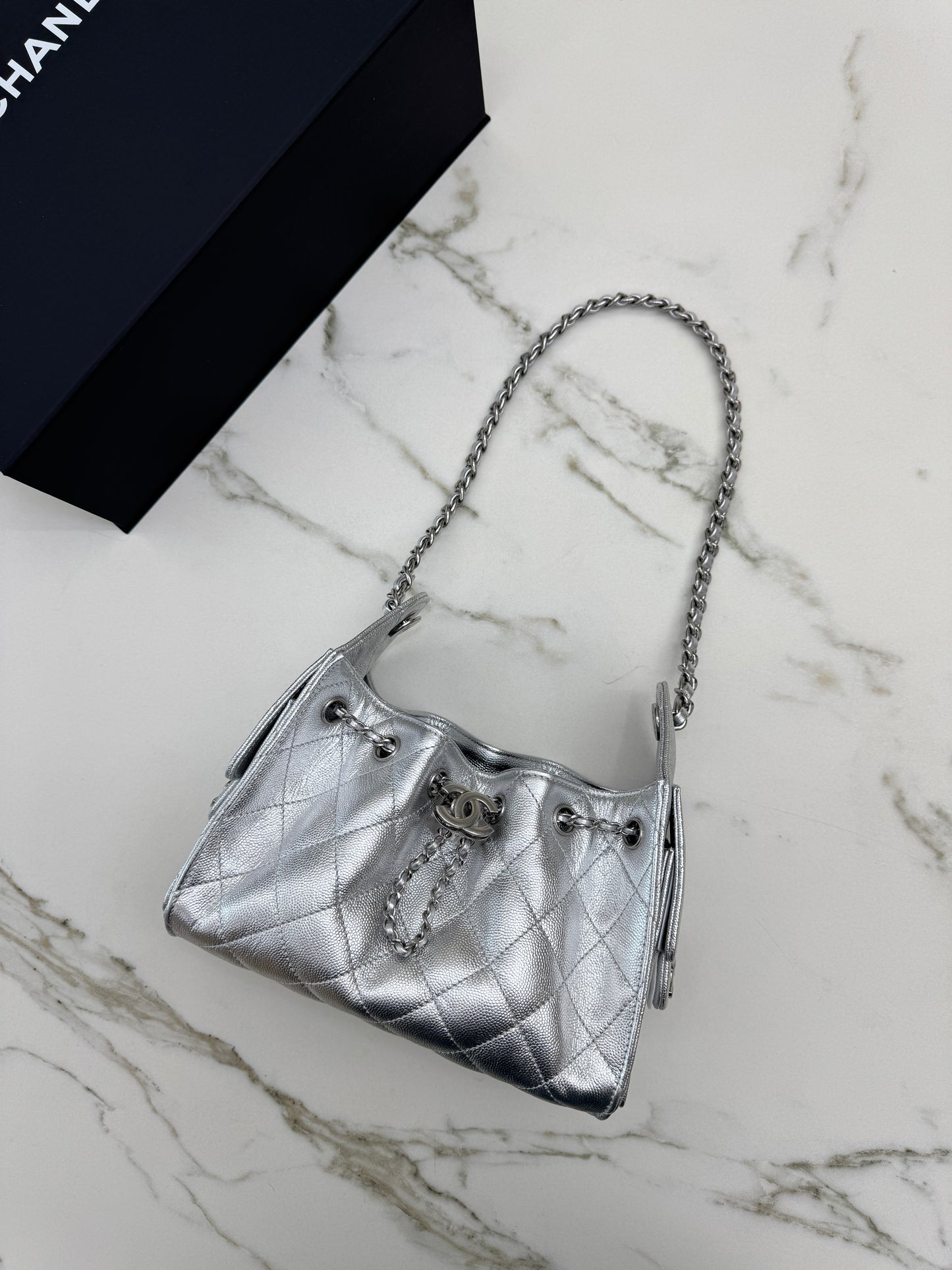 CHANEL Mini 25 Bag 銀色荔枝皮銀扣 Silver Caviar Calfskin PHW
