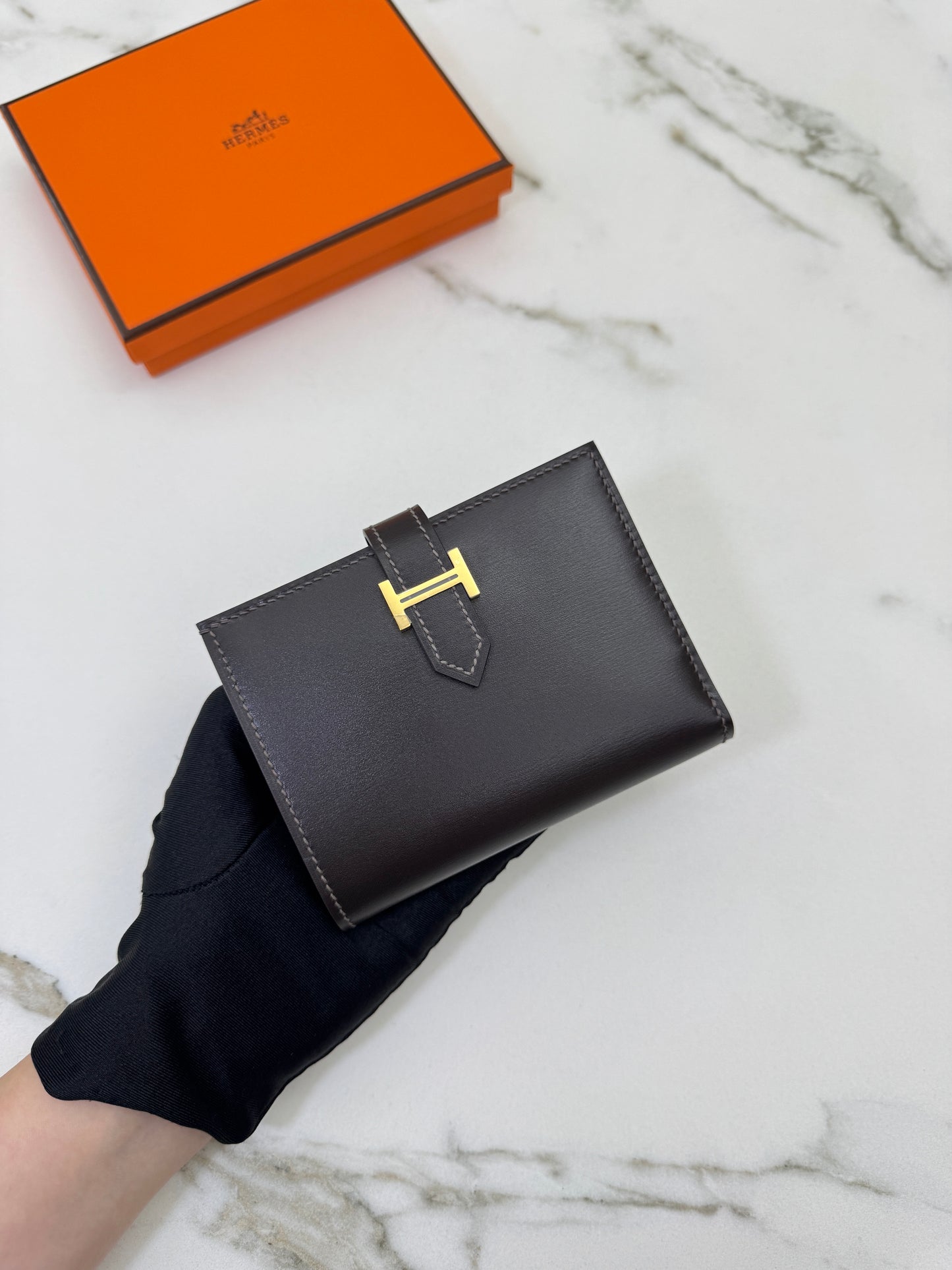 HERMES Bearn Compact Wallet 烏木色Box皮 Ebene GHW
