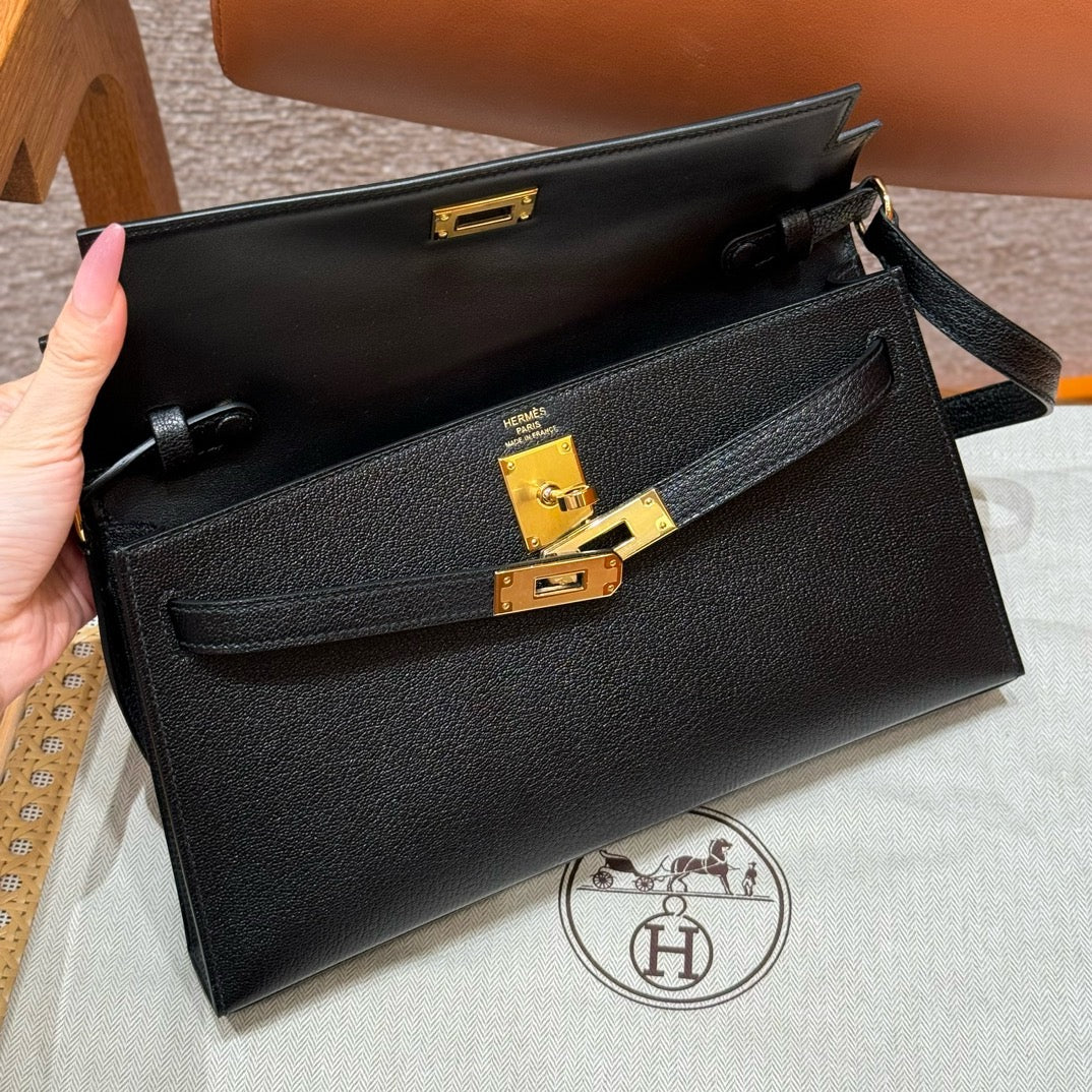 HERMES Kelly Elan 山羊皮 黑色 金扣 Noir GHW