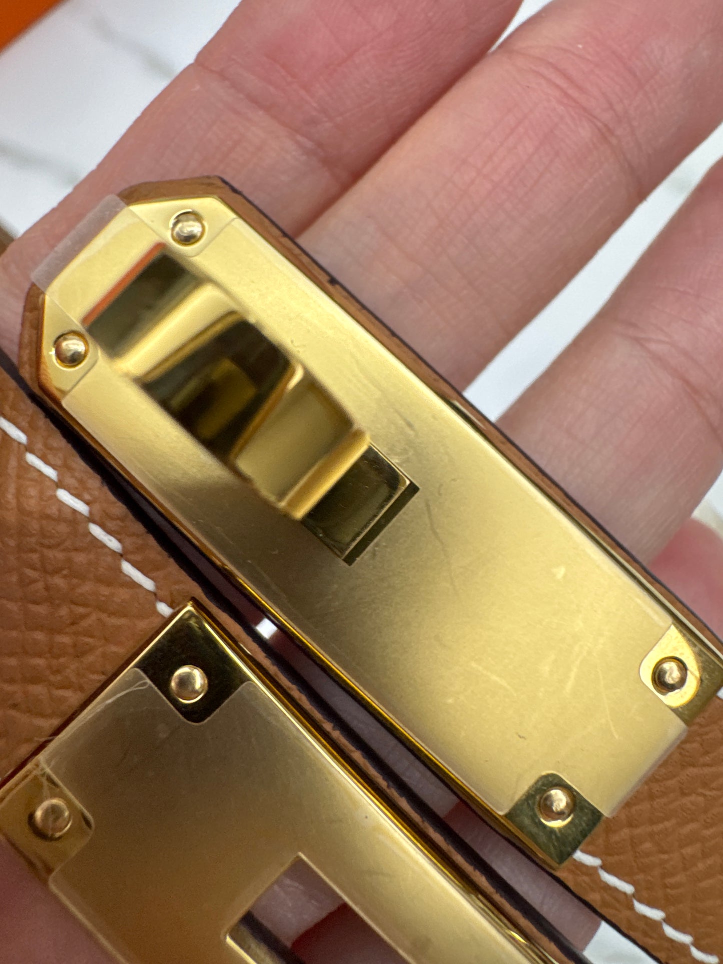 HERMES Kelly 皮帶 金棕金扣 【手縫版】