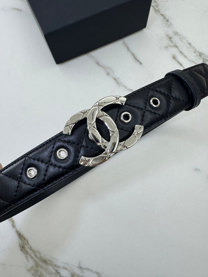 CHANEL 菱格紋 銀扣皮帶