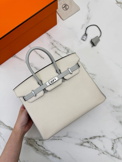 HERMES Birkin 25 SO 奶昔白拼珍珠灰 山羊皮 拉絲銀扣