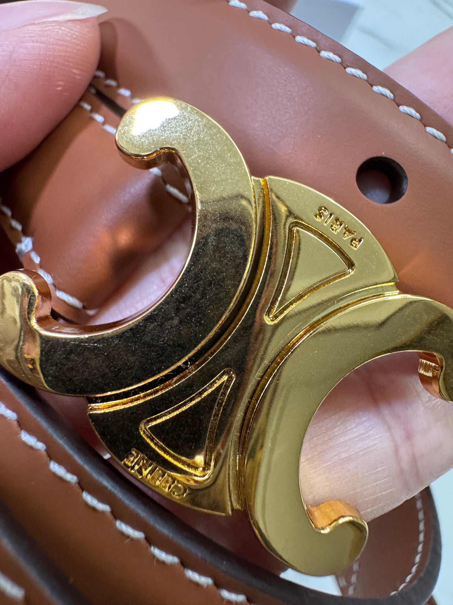 CELINE Triomphe 凱旋門皮帶1.8cm 金扣 棕色