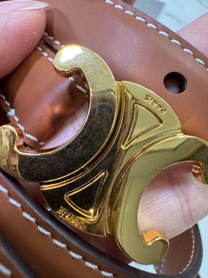 CELINE Triomphe 凱旋門皮帶1.8cm 金扣 棕色