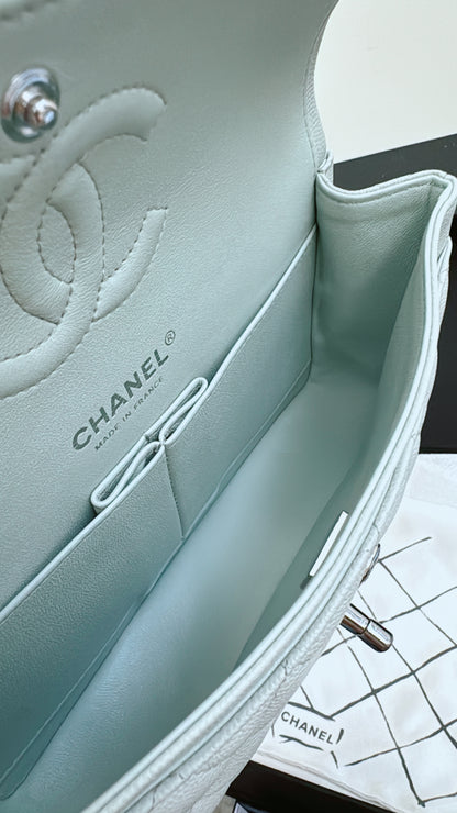 CHANEL CF23 淺灰藍色 魚子醬牛皮 銀扣