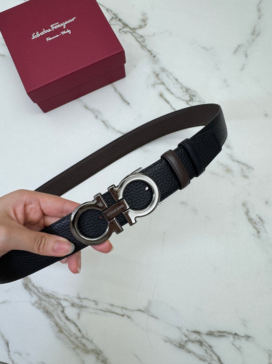 FERRAGAMO 雙面皮帶黑銀扣 黑拼深棕