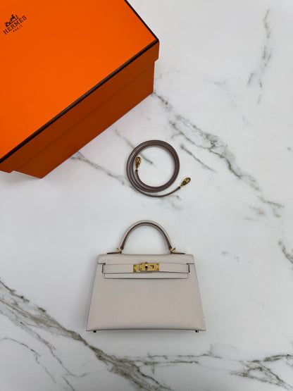 HERMES Mini Kelly II 奶昔白金扣 Epsom GHW