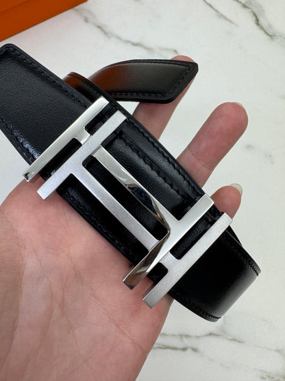 HERMES H au Carre 32mm 雙面皮帶 黑色拼烏木色