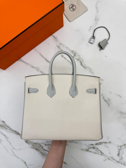 HERMES Birkin 25 SO 奶昔白拼珍珠灰 山羊皮 拉絲銀扣