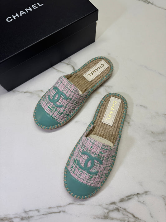 CHANEL 漁夫半拖 軟呢粉紅色拼綠色