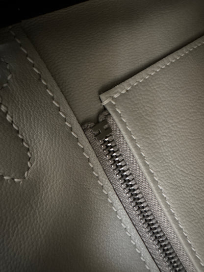 HERMES Birkin 25 SO 奶昔白拼珍珠灰 山羊皮 拉絲銀扣