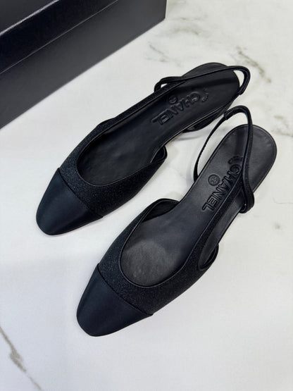 CHANEL 黑色細閃 Slingback