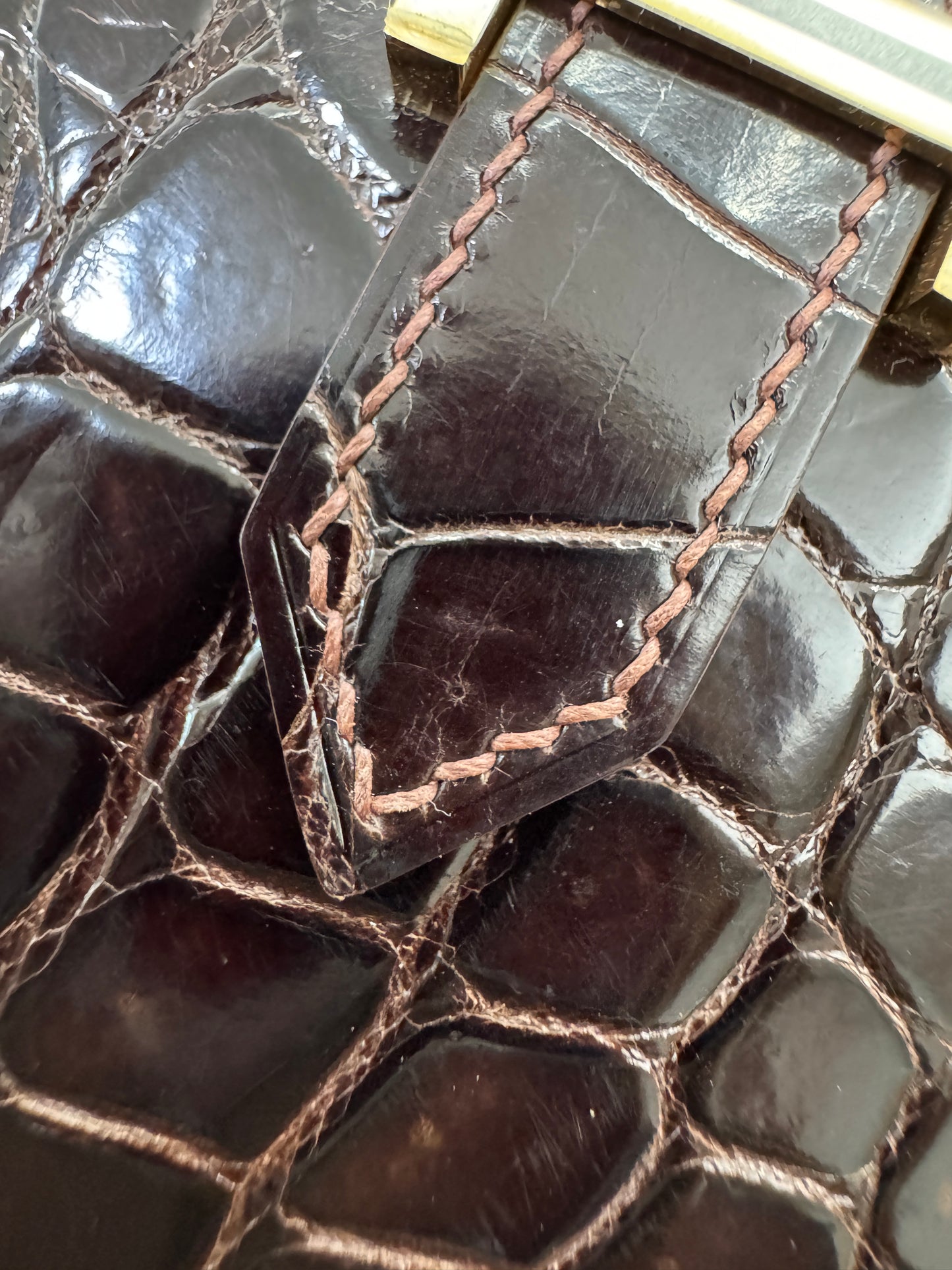HERMES Bearn Wallet 亮面灣鱷 巧克力色 金扣 Porosus Crocodile Chocolate GHW