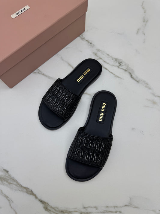 MIU MIU 草編拖鞋 黑色
