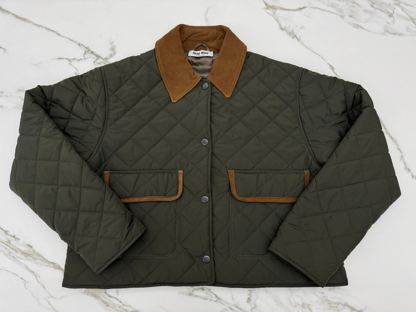 MIU MIU 麂皮領夾棉短外套 軍綠藍