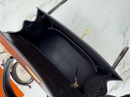 HERMES Kelly 25 烏木色Box皮金扣 外縫 Ebene Box Leather Seilier GHW
