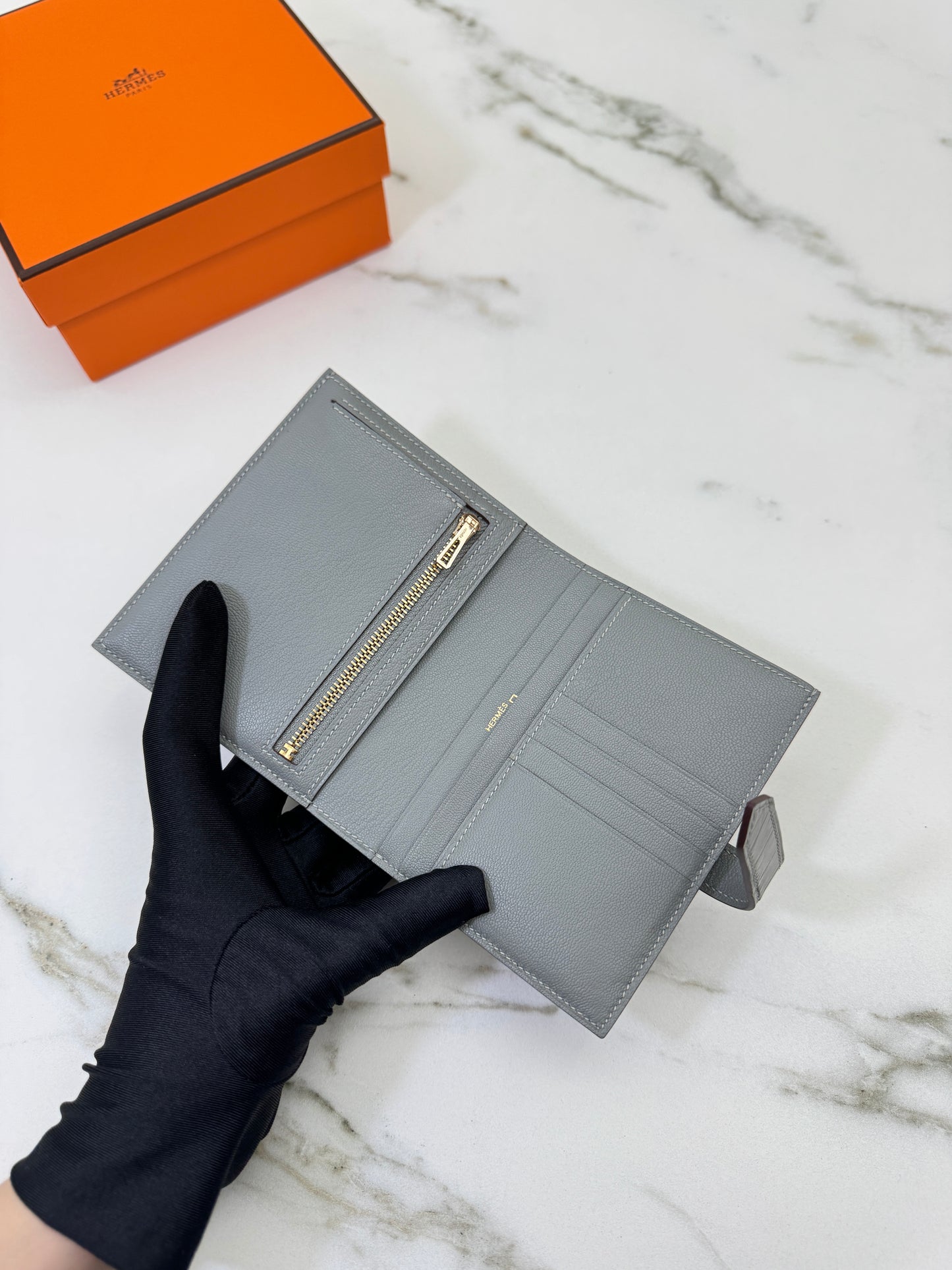 HERMES Bearn Compact Wallet 鱷魚皮珍珠灰金扣 Gris Perle Crocodile GHW