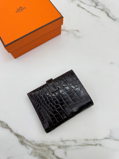 HERMES Bearn Wallet 亮面灣鱷 巧克力色 金扣 Porosus Crocodile Chocolate GHW