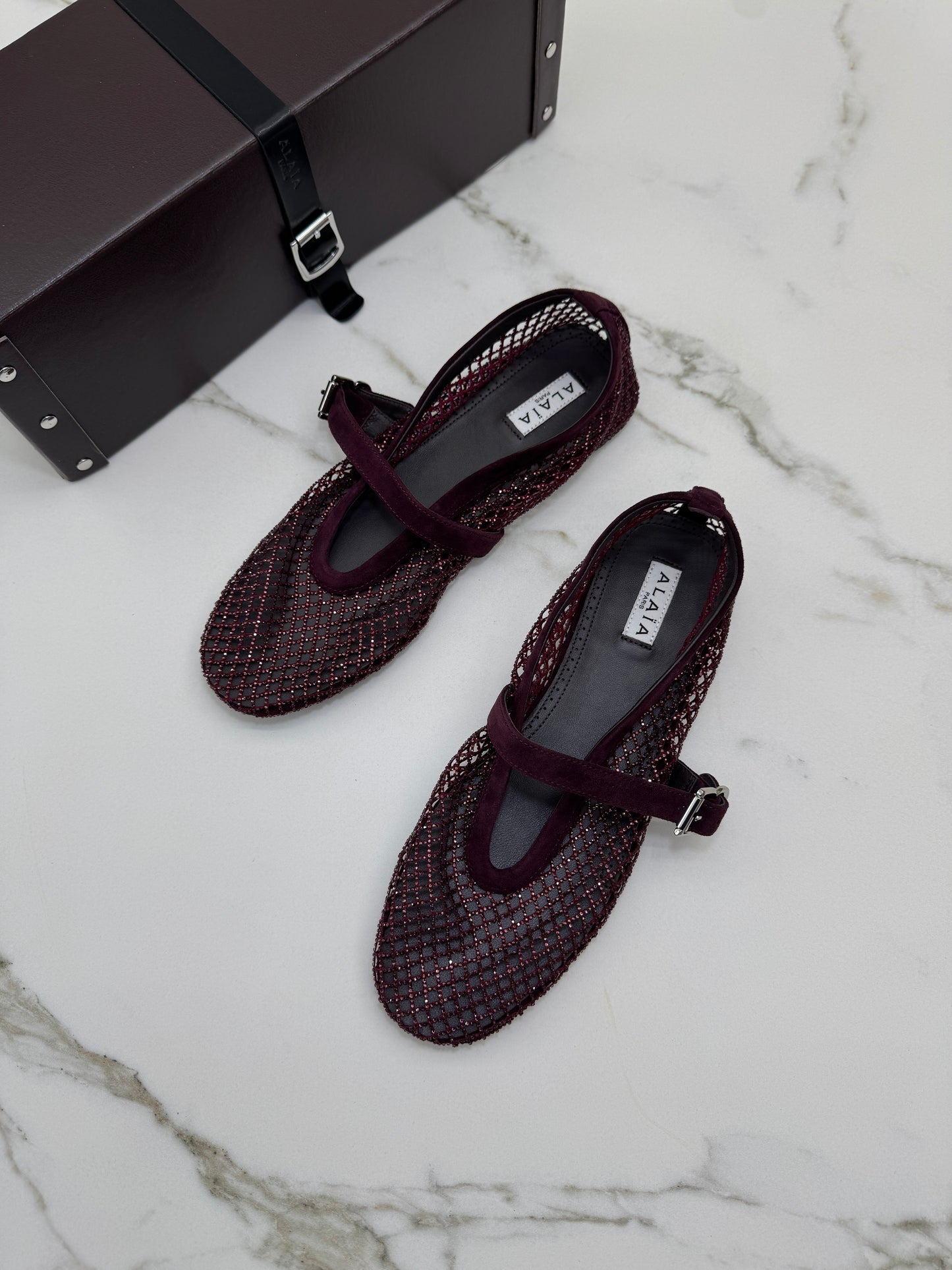 ALAIA 水晶漁網鞋 酒紅色