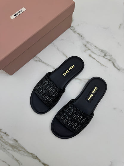 MIU MIU 草編拖鞋 黑色