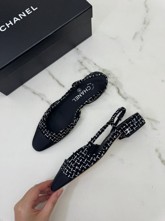 CHANEL Slingback Tweed 黑白粗花呢
