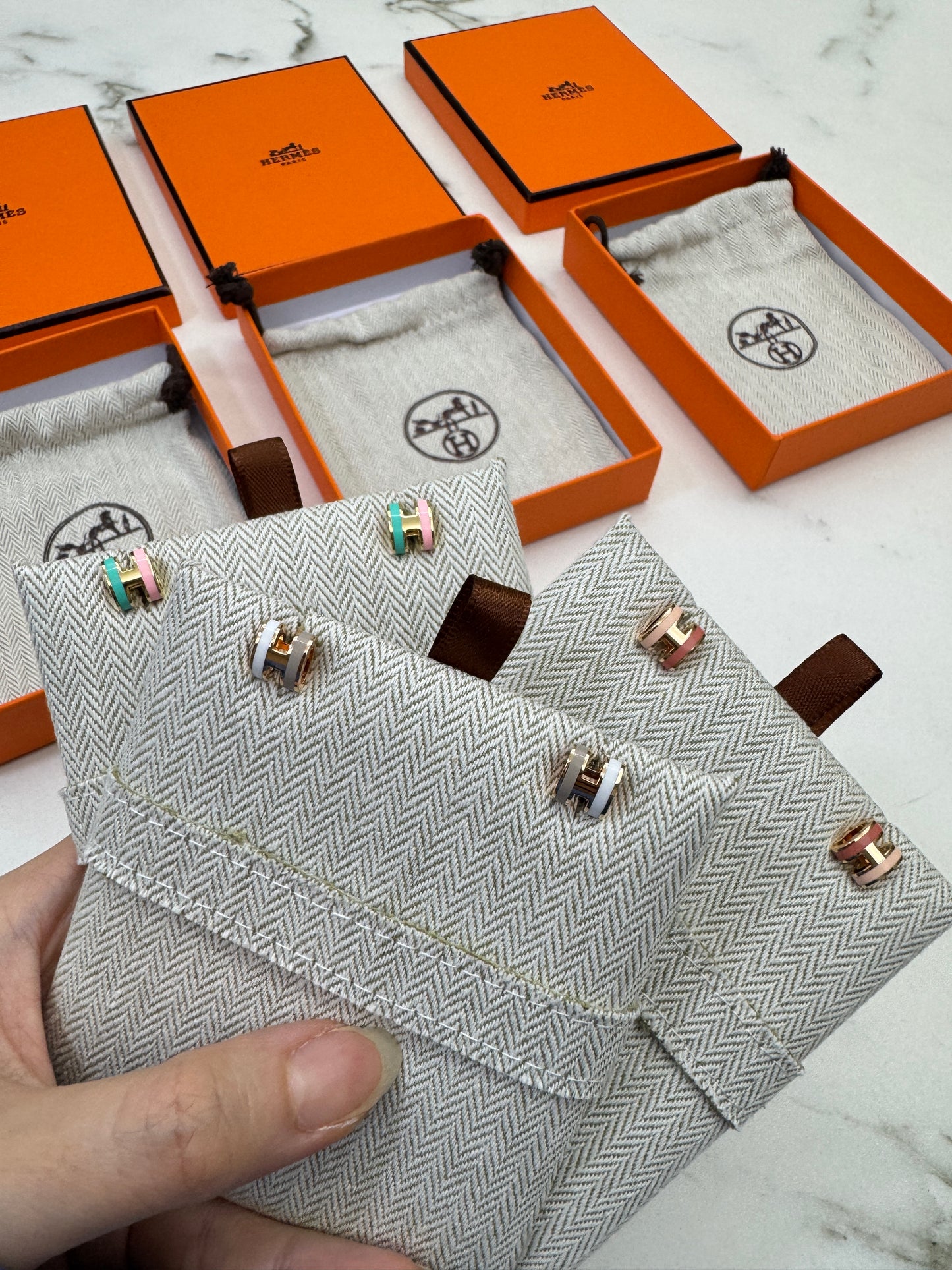 HERMES Mini Pop H 耳釘 淺粉拼粉紅