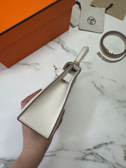 HERMES Mini Kelly II 奶昔白金扣 Epsom Craie GHW