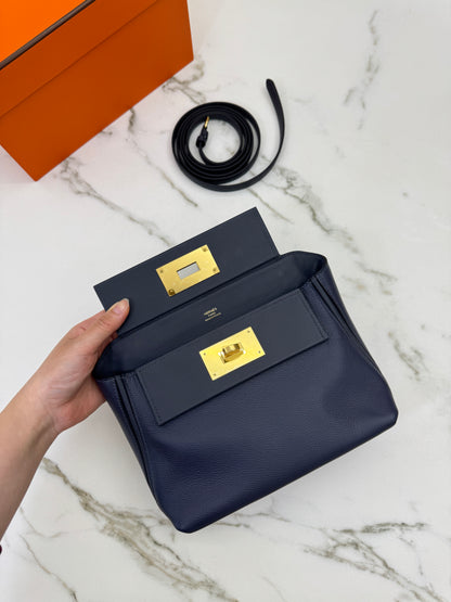 HERMES Mini 2424 午夜藍金扣 Evercolor 2Z Bleu Nuit GHW