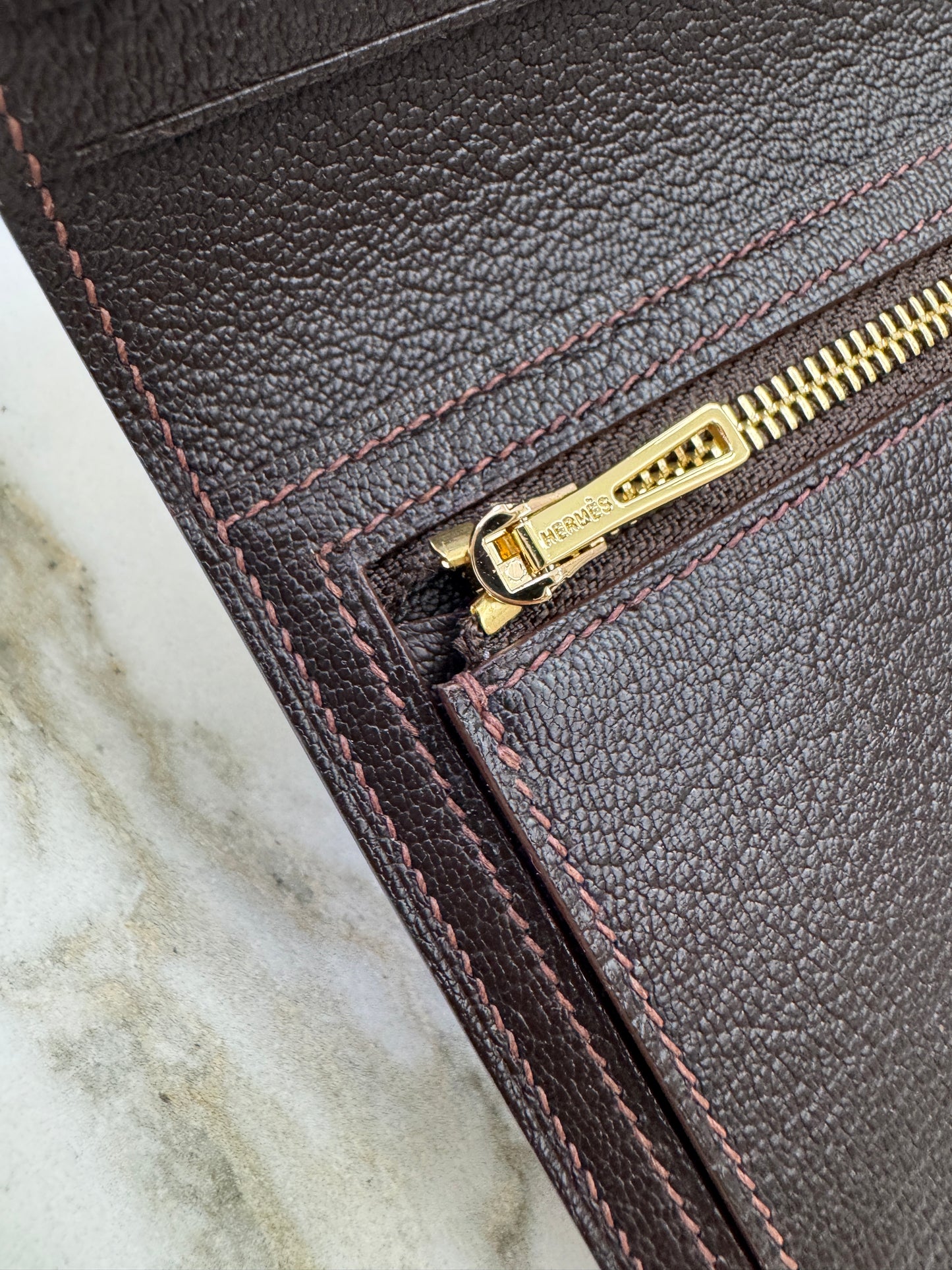 HERMES Bearn Wallet 亮面灣鱷 巧克力色 金扣 Porosus Crocodile Chocolate GHW