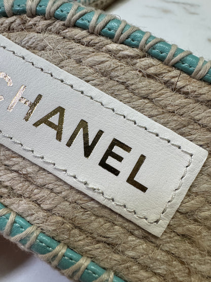 CHANEL 漁夫半拖 軟呢粉紅色拼綠色