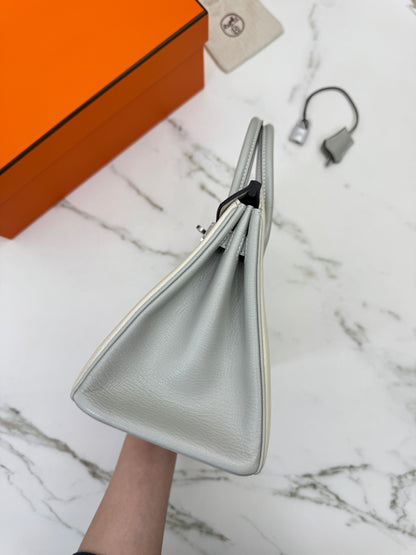 HERMES Birkin 25 SO 奶昔白拼珍珠灰 山羊皮 拉絲銀扣
