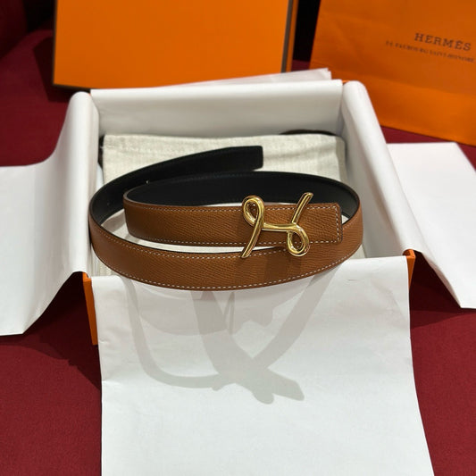 HERMES Cursives 雙面皮帶 黑/金棕色 24mm 金扣/銀扣