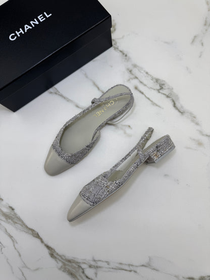 CHANEL 25B 灰白色金絲線Tweed Slingback