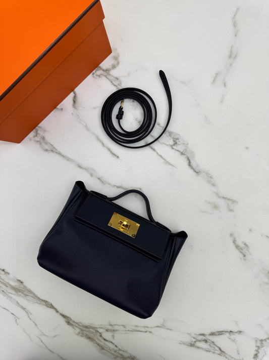 HERMES Mini 2424 午夜藍金扣 Evercolor 2Z Bleu Nuit GHW