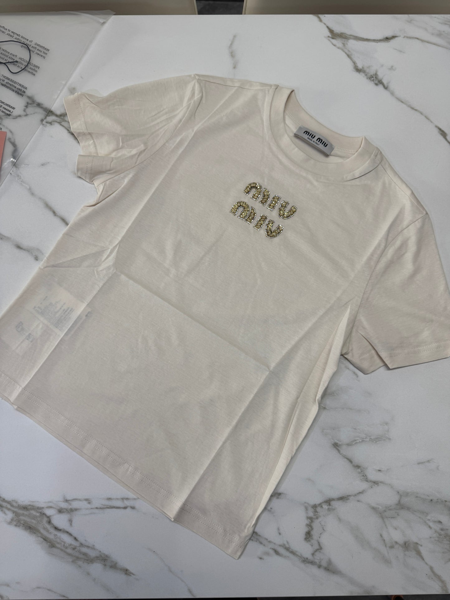 MIU MIU 水鑽Logo 米色T恤