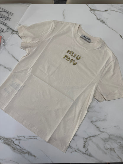 MIU MIU 水鑽Logo 米色T恤