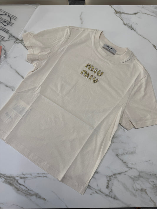 MIU MIU 水鑽Logo 米色T恤