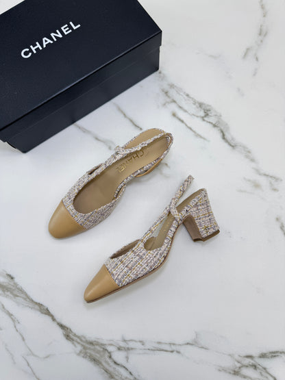 CHANEL 21P 杏色拼米黃紫Tweed Slingback