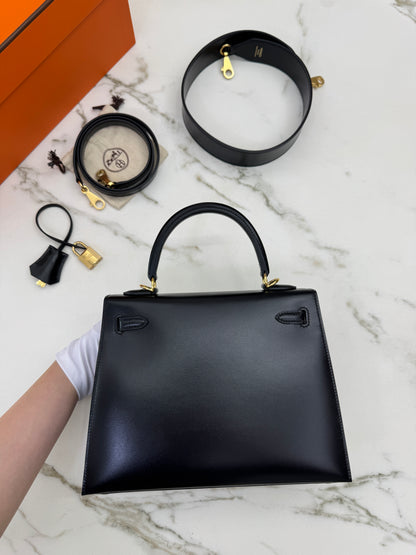 HERMES Kelly 25 黑色外縫金扣 Box Leather Sellier Noir GHW