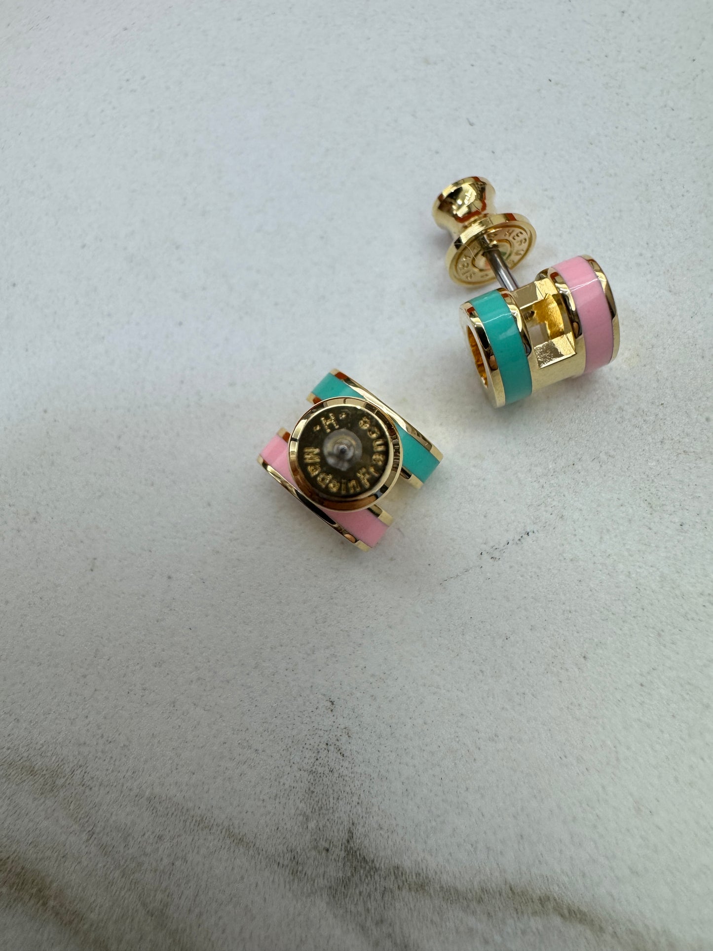 HERMES Mini Pop H 耳釘 粉紅拼綠色 金扣