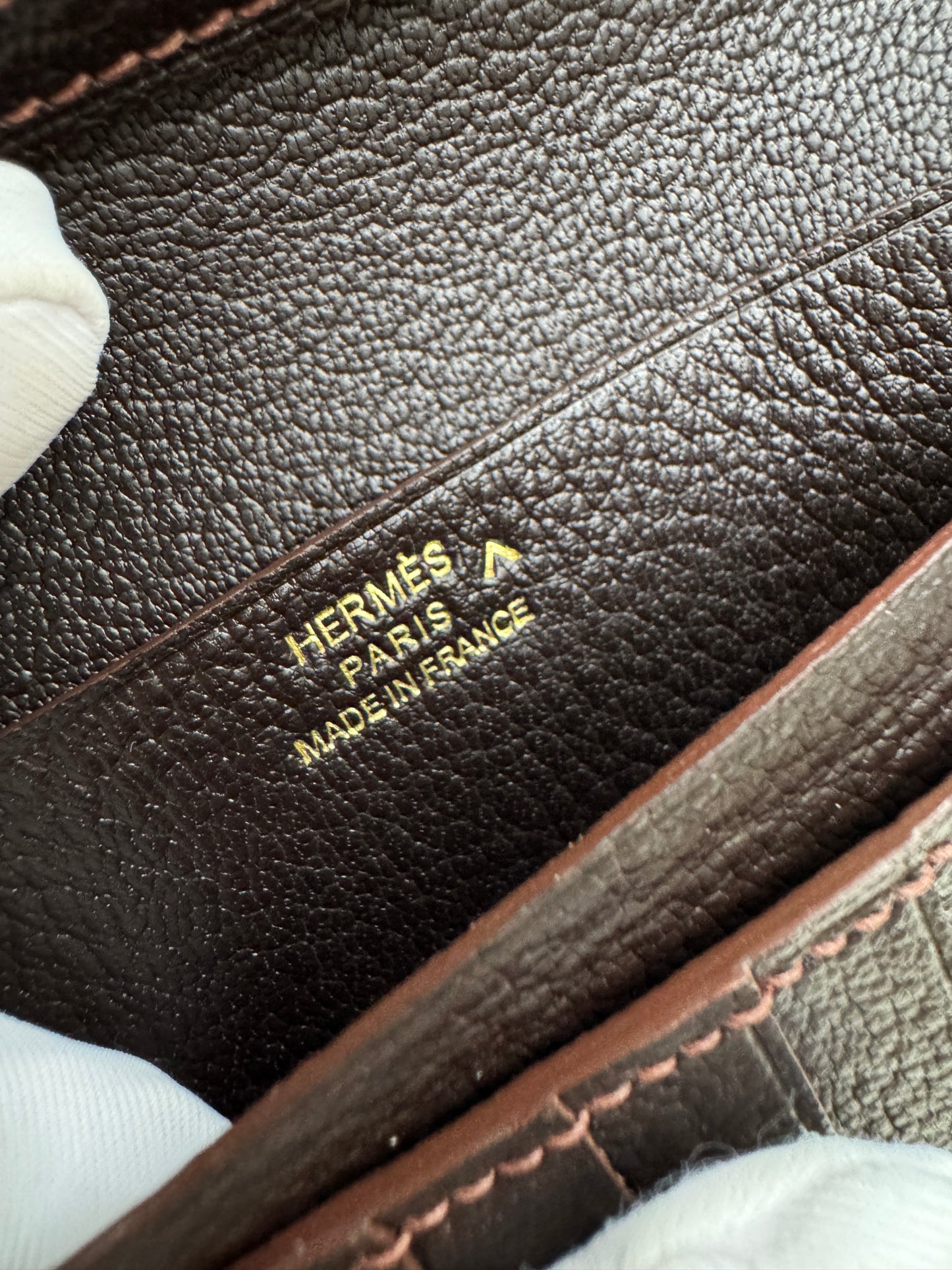 HERMES Bearn Wallet 亮面灣鱷 巧克力色 金扣 Porosus Crocodile Chocolate GHW