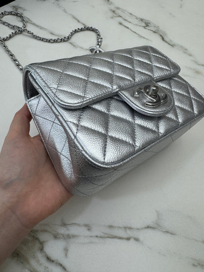 CHANEL 25B調節扣 銀色方胖子 Mini CF Square Caviar Calfskin