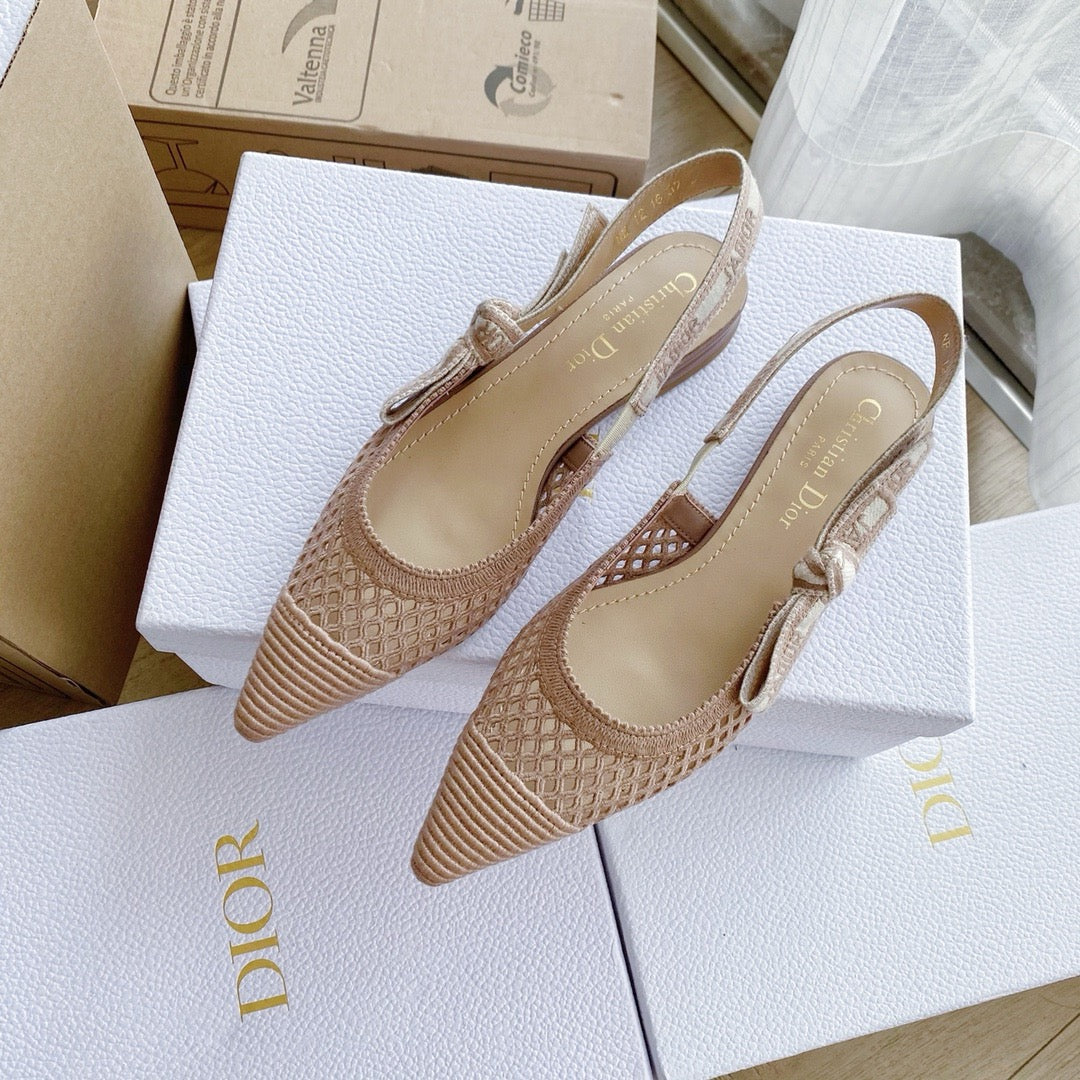 DIOR J'adior Slingback 鏤空藤格紋 奶白/裸粉/黑 平底 貓跟 高跟